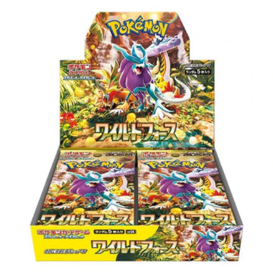 A booster box of Japanese Pokémon TCG featuring illustrations of Pokémon characters, with the title 'Wild Force Booster Box sv5K' displayed.