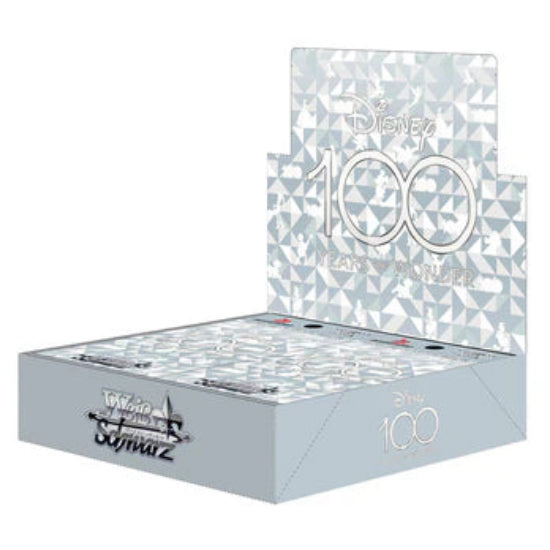 A booster box of Weiss Schwarz Disney 100 Years of Wonder trading cards featuring Japanese artwork. The box is predominantly white with silver and gold accents and Disney character silhouettes.
