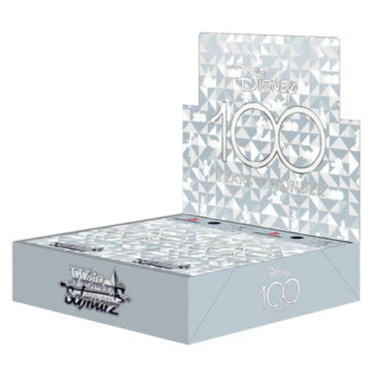 A booster box of Weiss Schwarz Disney 100 Years of Wonder trading cards featuring Japanese artwork. The box is predominantly white with silver and gold accents and Disney character silhouettes.