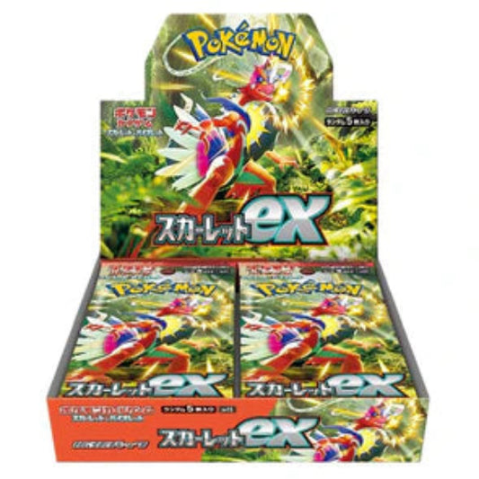 A booster box of Japanese Pokémon TCG featuring cards from the Scarlet & Violet series, with vibrant artwork of Pokémon characters.